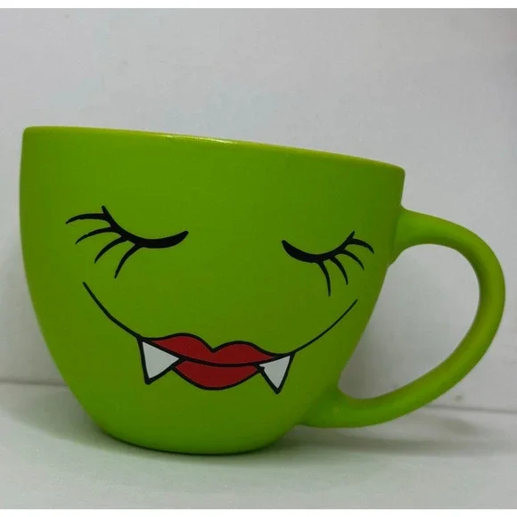 Cobwebs & Cauldrons Green Vampire Face Mug Halloween Cup Fangs Lips Ceramic 4.5” - Picture 7 of 11